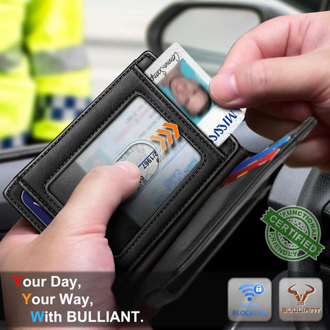 Person using Magnetic Closure Slim Leather Front Pocket Wallet For Men With RFID Blocking That Holds 12 Cards And A Cash Clip
