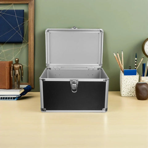 Portable Aluminum Tool Box With Ergonomic Handle And Enhanced Security Lock open on desk, black sides, silver edges