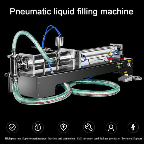Heavy Duty Automatic Liquid Filling Machine, Stainless Steel Pneumatic System, single head setup for various liquid volumes.