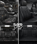 Before and after installation of 3D Foam Faux Leather Seat Covers Full Set Waterproof and Easy Clean All Black, Universal Fit for Cars.