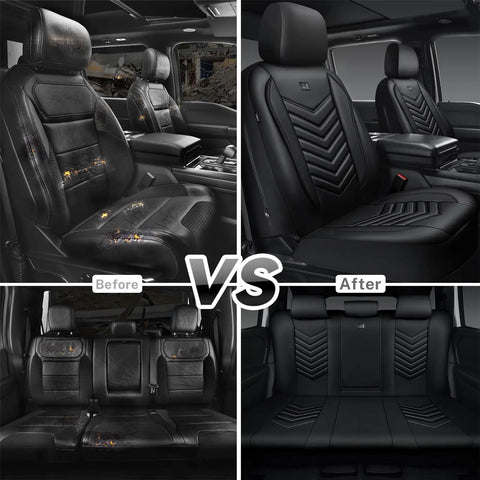 Before and after installation of 3D Foam Faux Leather Seat Covers Full Set Waterproof and Easy Clean All Black, Universal Fit for Cars.