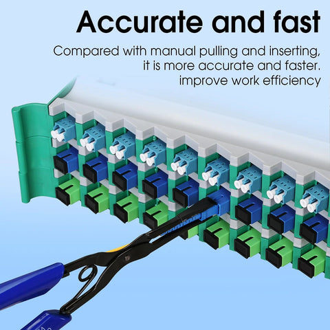 Front view of BAOSHLA optical fiber flange pliers with long nose beside a blue and green SC/LC connector panel