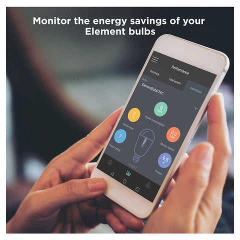 Person holding smartphone displaying energy savings for Zigbee A19 Daylight LED Light Bulbs, 8 Pack, 60W Equivalent, Hub Required.