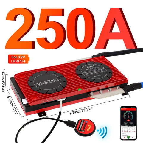 LiFePO4 4S 12V 250A Smart BMS Board With Balance Leads And Wireless Module For Lithium Iron Phosphate Batteries featuring app