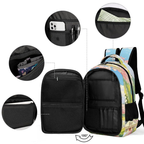 Interior view of Pinkbreeze Homestead Printed Backpack for Everyday Use with multiple pockets and large capacity.