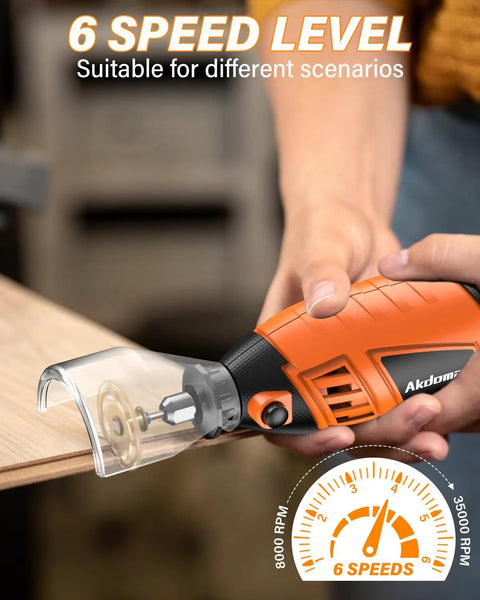 Professional Corded Rotary Tool Kit With Flex Shaft And Six Variable Speeds For Engraving Carving And Detail Work showing 6 speed settings.