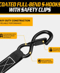 Heavy Duty Ratchet Straps 4 Pack Tie Down Belts 1 Inch By 15 Feet 1680 Lb Break Strength With Ergonomic Non Slip Handles Soft Loops And Storage Bag For Rock Solid Auto Hauling And Slick Gear showing coated full-bend S-hooks with safety clips.