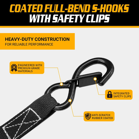 Heavy Duty Ratchet Straps 4 Pack Tie Down Belts 1 Inch By 15 Feet 1680 Lb Break Strength With Ergonomic Non Slip Handles Soft Loops And Storage Bag For Rock Solid Auto Hauling And Slick Gear showing coated full-bend S-hooks with safety clips.