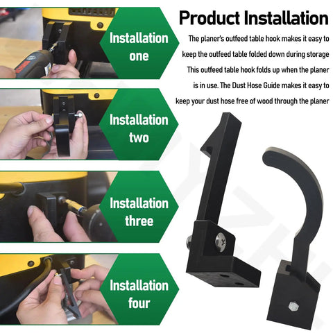 Installation steps for the Collapsible Dust Hose Guide And Outfeed Hook For Dw735 Planers demonstrating mounting at different angles.