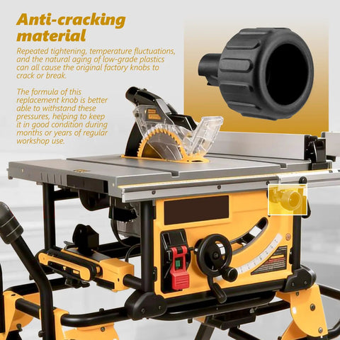 Precision Replacement Fence Knob For DeWalt Table Saw Compatible With DWE7491RS And N506822 Parts, black anti-cracking knob shown on table saw.