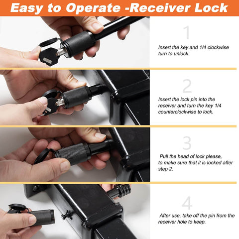 Step-by-step guide for using the Heavy Duty Five Eighth Inch Hitch Receiver Lock Pin for Two Inch and Two And A Half Inch Hitches Class III and IV No Nonsense Security for Trailer Bike Rack Tow Rope Truck Boat and More 1 Pack, showing insertion and locking process.