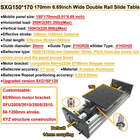 Straight Up Heavy Duty Aluminum Motorized Linear Stage With Rock Solid Steel Rails And Smooth As Silk Ball Screw Motion Designed For Gritty Industrial Automation And Serious Heavy Lifting Up To Two Fifty Kilograms, featuring a 170mm wide double rail slide table.