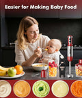 Heavy Duty Immersion Blender Handheld 20 Speed 5 In 1 Kitchen Mixer in use, preparing baby food with fruits and purees.