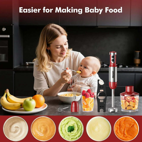 Heavy Duty Immersion Blender Handheld 20 Speed 5 In 1 Kitchen Mixer in use, preparing baby food with fruits and purees.