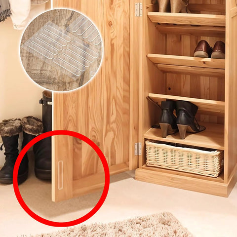 100Pcs Self Adhesive Rubber Bumper Strips applied on wooden cabinet for soundproofing and door slam prevention, shown in storage area