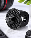 Two Pack 1/4-20 Camera Neck Strap Screws With Rubber Padded Eye Bolts Hella Secure Metal Holder Quick Swap, black aluminum screw close-up.