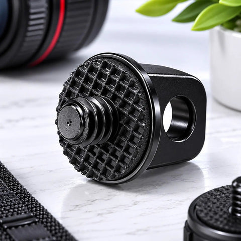 Two Pack 1/4-20 Camera Neck Strap Screws With Rubber Padded Eye Bolts Hella Secure Metal Holder Quick Swap, black aluminum screw close-up.
