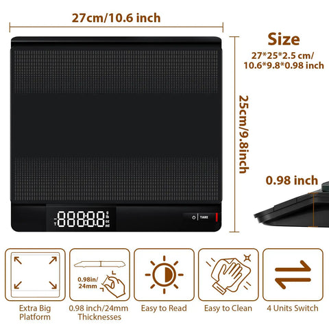 Digital Postal Scale With Backlit LCD Display And Large 10.6 By 9.8 Inch Weighing Platform 15 Kg Capacity Measures In Grams Ounces Pounds And Milliliters Tare Function Auto Off Great For Mailing Cooking And Small Packages showing dimensions and features
