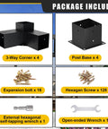 Package contents of 4x4 Woodworks Pergola Brackets Kit, showing black powder-coated steel 3-way corner and post base for wood beams.