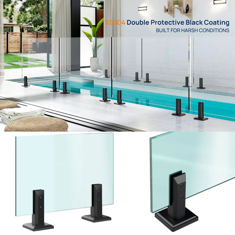 8 Pack T304 Stainless Steel Glass Railing Spigots No Drill Black Spigots Clamps for Glass Railing System displayed by a pool