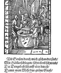 Vintage 1568 woodcut poster print with well-sharpened scythes and sickles in Hans Sachs poem and Jost Amman artwork, 24x36 inches