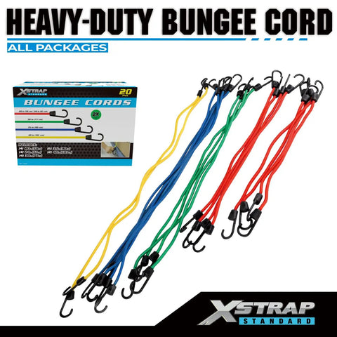 Heavy Duty Bungee Cord Kit With Hooks, 20 Piece Set In 20 24 30 35 40 Inch Lengths, Plastic Coated Hooks Keep Scratches Away, 120 Lb Load Capacity
