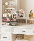 Clear Acrylic Stackable Makeup Organizer With Drawer Elevates Your Vanity Routine with cosmetics and skincare on countertop.