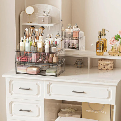 Clear Acrylic Stackable Makeup Organizer With Drawer Elevates Your Vanity Routine with cosmetics and skincare on countertop.