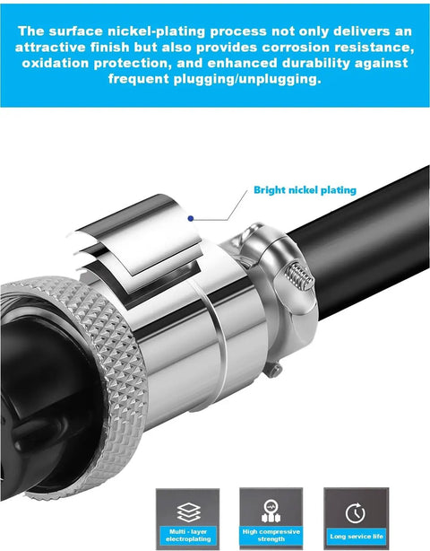 Close-up of GX16 3 Pin Aviation Connector Cable with nickel plating showing durability features and industrial use icons.