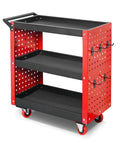 Beefy Three Tier Rolling Tool Cart On Wheels With 660 Lb Capacity, Heavy Duty Steel Garage Organizer With Rust Resistant Powder Coat, 34.2 Lb Net Weight, Smooth Rolling Mobility For Tools And Gear In Your Shop, red and black 3-tier steel cart with pegboard