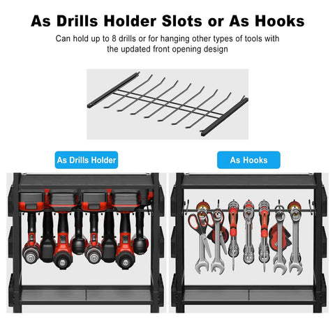 Heavy Duty Power Tool Organizer Cart With Charging Station And Battery Storage, drill and hook slots visible