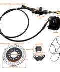 Universal hydraulic disc brake kit for 50cc–250cc dirt bikes; rotor, caliper, master cylinder, hose, pads.