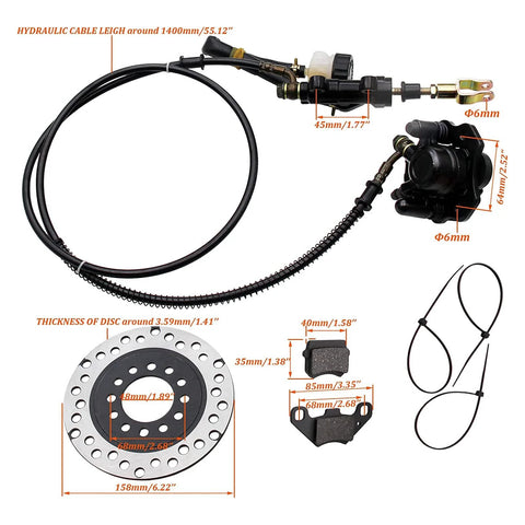 Universal hydraulic disc brake kit for 50cc–250cc dirt bikes; rotor, caliper, master cylinder, hose, pads.
