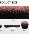 Diagram of Rose Gold Pink 4-In-1 Keyboard And Mouse Pad Set with dimensions for desk mat, wrist rests, and coaster