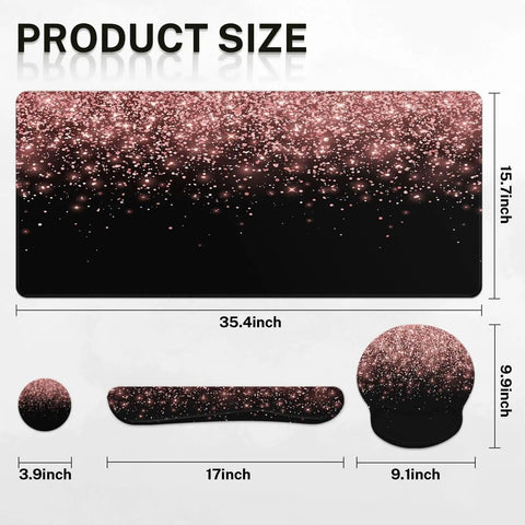 Diagram of Rose Gold Pink 4-In-1 Keyboard And Mouse Pad Set with dimensions for desk mat, wrist rests, and coaster