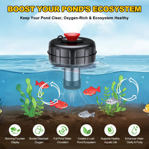 Floating Pond Fountain Aerator 1HP 15000 GPH with timer, showing water circulation, pond plants, and fish for outdoor use.