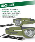 Rechargeable Dual Pack Headlamp With USB Charge, Ultra Bright LED, IPX4 Water Resistant, headlamps and charging cables