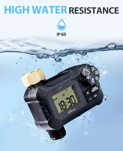 Programmable Garden Hose Water Timer With Rain Delay, showing high water resistance level IP65, submerged in water