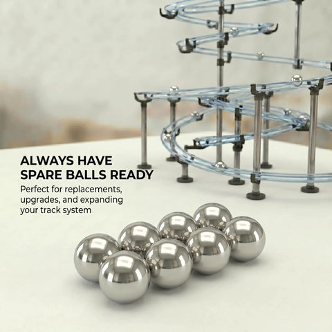 Replacement Steel Balls For Marble Runs And Gravity Rails For STEM Coaster Kits With Smooth Rolling Upgrade displayed next to track.
