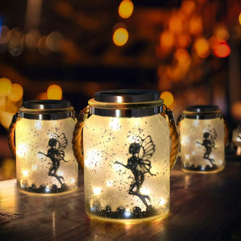 2 Pack Solar Lantern Fairy Lights For Outdoor Decor White Frosted Glass Hanging Jars With 20 Warm White Mini LEDs decorated with fairy design