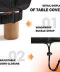 Detail of Outdoor Round Table Cover For 40 To 42 Inch Diameter Tables with windproof buckle strap and adjustable cord closure.