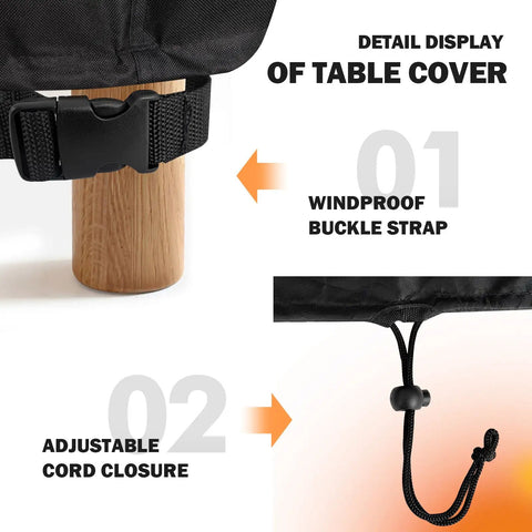 Detail of Outdoor Round Table Cover For 40 To 42 Inch Diameter Tables with windproof buckle strap and adjustable cord closure.