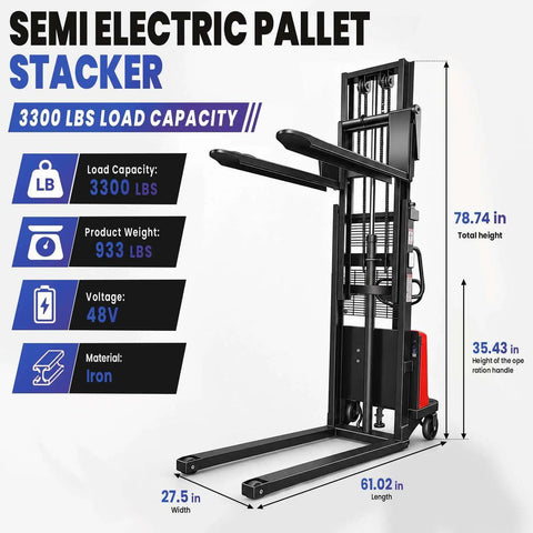 Heavy Duty Semi Electric Pallet Stacker Brings Built Different Capacity To Your Warehouse, 3300 lbs load capacity, iron construction.