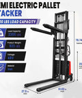 Heavy Duty Semi Electric Pallet Stacker 3300 Lb Heavy Hitter Capacity 48V Battery Powered Warehouse Go Getter With Smooth 94 Inch Lift Built To Handle Daily Grind Flawlessly with technical specs on weight and dimensions.