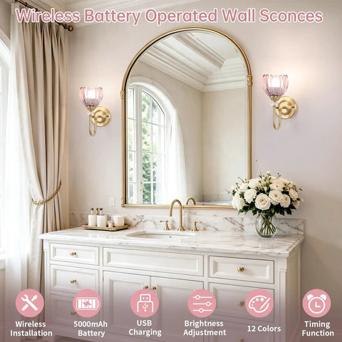 Pair Of Vintage Battery Powered Wall Sconces With Massive 5000Mah Cell And Smart Remote Dimmable Tulip Pink Shades Zero Wiring Headaches Smooth Setup Perfect For Bedroom Or Living Room Vibes, featuring pink glass shades and wireless installation.
