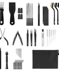Ultimate All In One 63 Piece 3D Printing Tool Kit with deburring blades, nozzle cleaners, metal files, hand drill, wire cutters.