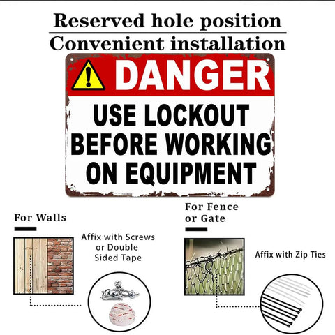 Danger Use Lockout Before Working On Equipment Metal Sign 8x12 Inch Aluminum showing installation options on wall and fence.