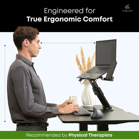 Man using 3-In-1 Adjustable Laptop Stand, Book Stand, and Phone Holder with 360 degree rotating display, height adjustable for ergonomic posture.