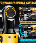 Close-up of a Half Inch Cordless Ratchet Wrench With a Beast Brushless Motor showing forward/reverse switch for bolt tightening.