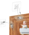 No Drill Metal Wall Anchors Bombproof Furniture Brackets For Baby Proofing And Locker Setup With Hella Strong Clear Tape Mount 10 Pack installed on wooden cabinet edge.